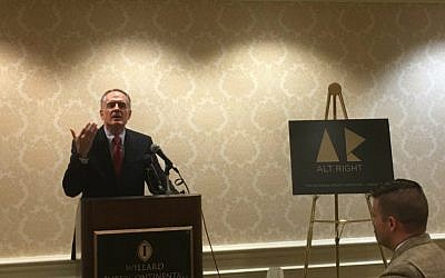 Jared Taylor, the editor of American Renaissance, addressing a news conference on the alt-right in Washington, DC, on September 9, 2016, while Richard Spencer looks on. (Ron Kampeas)