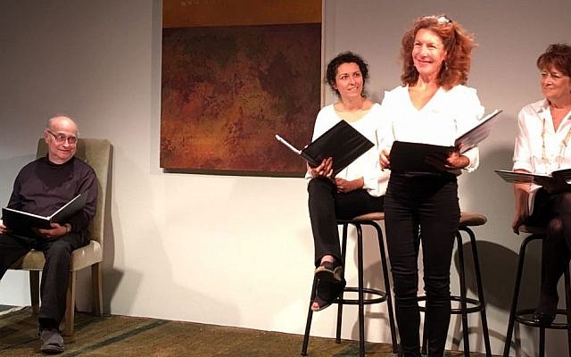 Lisa Robins shares a story about dating a Rabbi who is in her 40s. Lisa Cirincione, Kate Zentall, and Robert Trebor listen. (Courtesy)