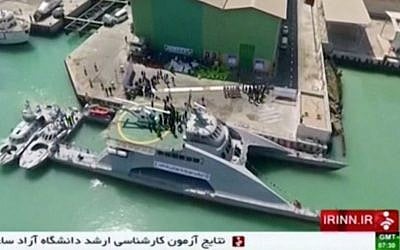 In this frame grab from video provided by IRINN, Iranian TV, a new catamaran vessel is unveiled in the port of Bushehr, Iran, Tuesday, Sept. 13, 2016. (IRINN-Iranian TV via AP)