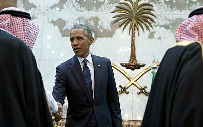 In this Jan. 27, 2015 file photo, President Barack Obama participates in a receiving line with the Saudi Arabian King, Salman bin Abdul Aziz, at Erga Palace in Riyadh, Saudi Arabia. (AP Photo/Carolyn Kaster, File)