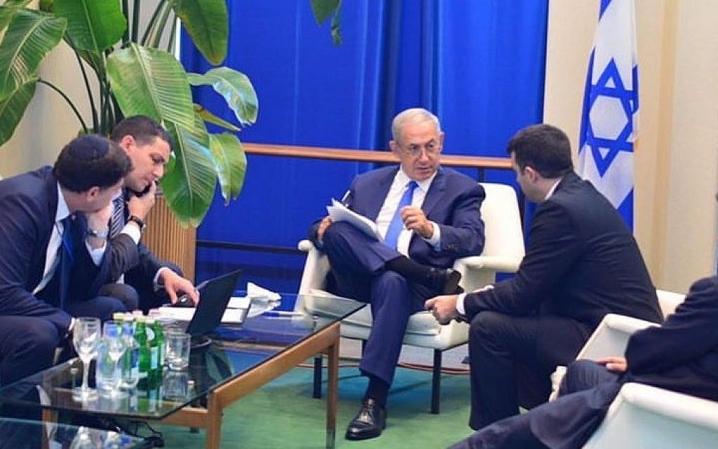 Prime Minister Benjamin Netanyahu sits down with his staff prior to his address at the UN General Assembly in New York on Thursday, September 22, 2016. (Kobi Gideon/GPO) Prime Minister Benjamin Netanyahu sits down with his staff prior to his address at the UN General Assembly in New York on Thursday, September 22, 2016. (Kobi Gideon/GPO)