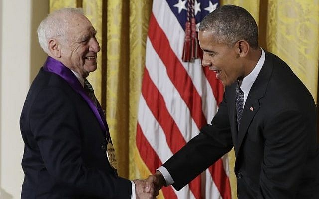 President Barack Obama jokes with actor, comedian and writer Mel Brooks as he awards him the 2015 National Medal of Arts during a ceremony in the White House in Washington DC, September 22, 2016. (AP/Carolyn Kaster) President Barack Obama jokes with actor, comedian and writer Mel Brooks as he awards him the 2015 National Medal of Arts during a ceremony in the White House in Washington DC, September 22, 2016. (AP/Carolyn Kaster)