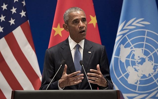 US President Barack Obama speaks during a climate event at the Ruyi Hall at West Lake State Guest House in Hangzhou in eastern China's Zhejiang province, Saturday, September 3, 2016. (AP/Carolyn Kaster) US President Barack Obama speaks during a climate event at the Ruyi Hall at West Lake State Guest House in Hangzhou in eastern China's Zhejiang province, Saturday, September 3, 2016. (AP/Carolyn Kaster)