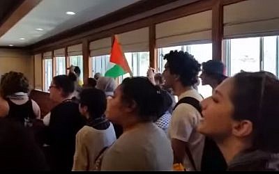 Screenshot from a pro-Palestinian protest against Jerusalem Mayor Nir Barkat at San Francisco State University.
