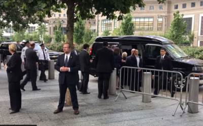 Democratic nominee Hillary Clinton is helped to her van as she leaves Ground Zero on September 11, 2016 (screen capture: YouTube) Democratic nominee Hillary Clinton is helped to her van as she leaves Ground Zero on September 11, 2016 (screen capture: YouTube)