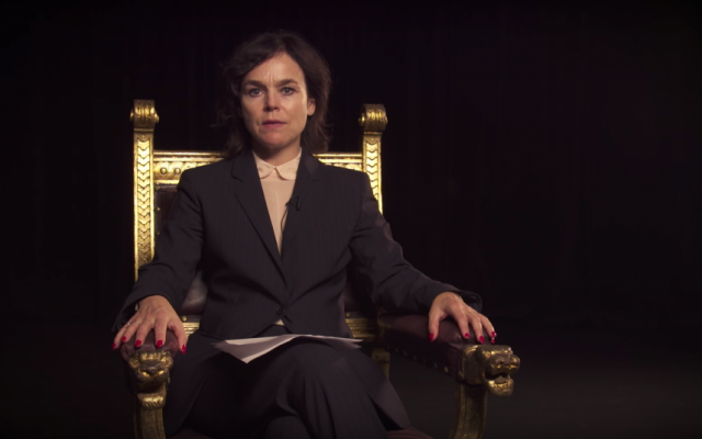 Pia Maria Roll in a video staged to appear like a Norway National Theater statement boycotting cooperation with Israel's Habima, uploaded September 22, 2016. (screen capture: YouTube) Pia Maria Roll in a video staged to appear like a Norway National Theater statement boycotting cooperation with Israel's Habima, uploaded September 22, 2016. (screen capture: YouTube)