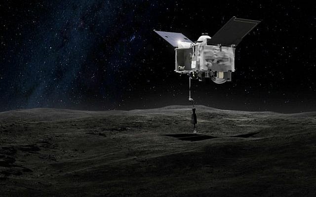 This artist's rendering made available by NASA on Tuesday, Sept. 6, 2016 shows the Origins Spectral Interpretation Resource Identification Security - Regolith Explorer (OSIRIS-REx) spacecraft contacting the asteroid Bennu with the Touch-And-Go Sample Arm Mechanism. (NASA/Goddard Space Flight Center via AP) This artist's rendering made available by NASA on Tuesday, Sept. 6, 2016 shows the Origins Spectral Interpretation Resource Identification Security - Regolith Explorer (OSIRIS-REx) spacecraft contacting the asteroid Bennu with the Touch-And-Go Sample Arm Mechanism. (NASA/Goddard Space Flight Center via AP)
