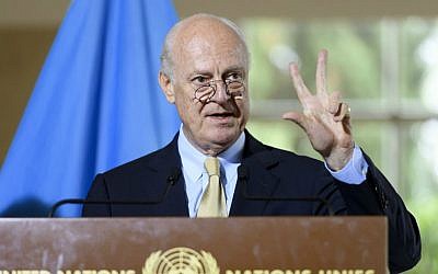 Staffan de Mistura, UN Special Envoy for Syria, speaks about the International Syria Support Group's Humanitarian Access Task Force at the European headquarters of the United Nations, in Geneva, Switzerland, Thursday, Sept. 15, 2016. (Martial Trezzini/Keystone via AP)