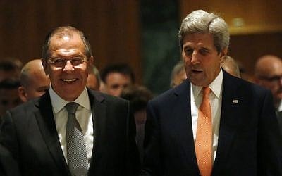US Secretary of State John Kerry, left, and Russian Foreign Minister Sergey Lavrov, walk in to their meeting room in Geneva, Switzerland, Friday, Sept. 9, 2016, to discuss the crisis in Syria. (Kevin Lamarque/Pool Photos via AP)