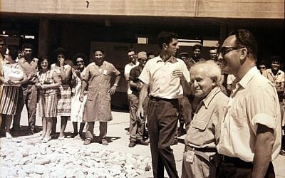 Shimon Peres and David Ben-Gurion visit Israel's nuclear reactor in Dimona (Defense Ministry Archives)