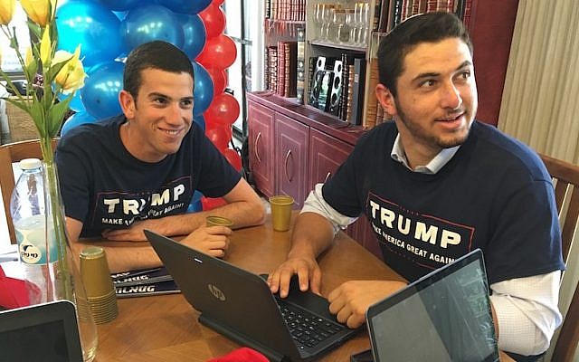 Chaim Rosenfield, left, and another volunteer for Republicans Overseas Israel working at the opening of the Karnei Shomron office in the West Bank, Sept. 5, 2016. (Andrew Tobin) Chaim Rosenfield, left, and another volunteer for Republicans Overseas Israel working at the opening of the Karnei Shomron office in the West Bank, Sept. 5, 2016. (Andrew Tobin)