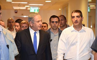 Prime Minister Benjamin Netanyahu at Sheba Medical Center outside Tel Aviv where he visited Shimon Peres on September 14, 2016, a day after the elder statesman was hospitalized with a major stroke. (Courtesy) Prime Minister Benjamin Netanyahu at Sheba Medical Center outside Tel Aviv where he visited Shimon Peres on September 14, 2016, a day after the elder statesman was hospitalized with a major stroke. (Courtesy)