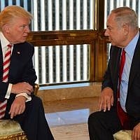 Prime Minister Benjamin Netanyahu and then-Republican presidential candidate Donald Trump meeting at Trump Tower in New York, September 25, 2016. (Kobi Gideon/GPO) Prime Minister Benjamin Netanyahu and then-Republican presidential candidate Donald Trump meeting at Trump Tower in New York, September 25, 2016. (Kobi Gideon/GPO)