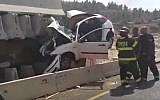 The scene of a car accident on Route 1 between Jerusalem and Tel Aviv, Saturday, September 17, 2016 (YouTube/Times of Israel Staff)