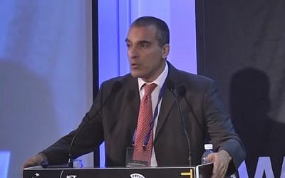 Gideon Behar talks about the threat of anti-Semitism during the 14th World Summit on Terror at the IDC Herzilya in 2014 (screen capture: YouTube)