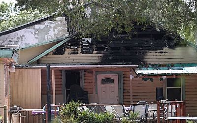 The charred outside of the Islamic Center of Fort Pierce, Fla., following an arson attack, Sept. 12, 2016. (Joe Raedle/Getty Images/JTA)