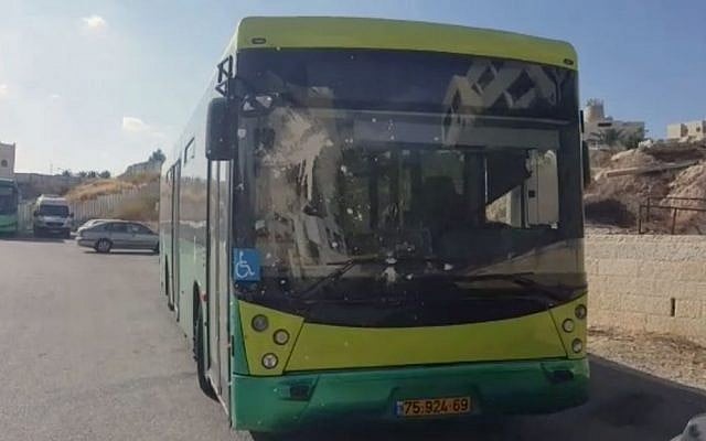 A bus that was struck by rocks and glass bottles full of paint as it traveled from Jerusalem to Ma'ale Adumim on September 16, 2016. (Screen capture: Israel Police) A bus that was struck by rocks and glass bottles full of paint as it traveled from Jerusalem to Ma'ale Adumim on September 16, 2016. (Screen capture: Israel Police)
