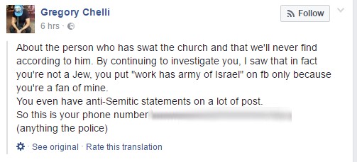 Facebook post from Gregory Chelli criticizing those behind the Paris terror hoax (Screen capture: Facebook) Facebook post from Gregory Chelli criticizing those behind the Paris terror hoax (Screen capture: Facebook)