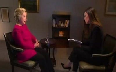 Hillary Clinton in a Channel 2 interview with anchor Yonit Levy broadcast on September 8, 2016 (Channel 2 screenshot)