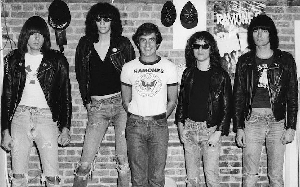 Danny Fields, center, without black jacket, with the members of the Ramones. (Courtesy of Magnolia Pictures/via JTA) Danny Fields, center, without black jacket, with the members of the Ramones. (Courtesy of Magnolia Pictures/via JTA)