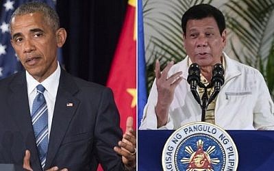 US President Barack Obama (left) speaks during a press conference after the end of the  G20 summit in Hangzhou, China, while (right), Philippine President Rodrigo Duterte addresses  a press conference in Davao City, the Philippines, prior to his departure for Laos to attend the ASEAN summit,  September 5, 2016. (AFP PHOTO / Saul LOEB AND MANMAN DEJETO)