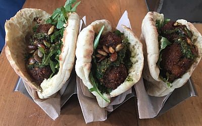 Celebrity chef Amanda Freitag’s fall-themed falafel for Israeli restaurant Taïm, in New York City (JTA/Josefin Dolsten)