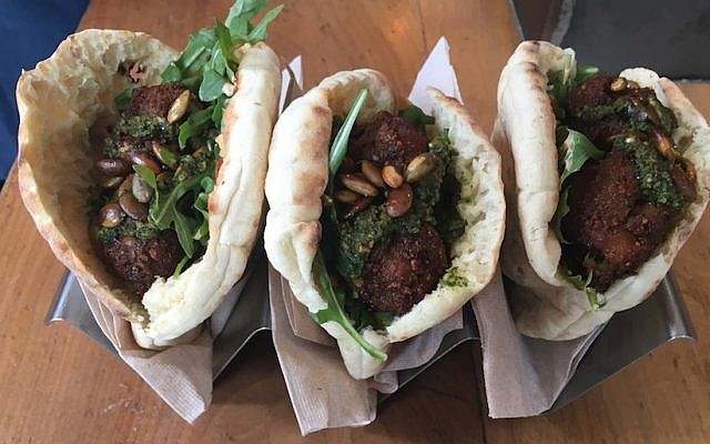 Celebrity chef Amanda Freitag’s fall-themed falafel for Israeli restaurant Taïm, in New York City (JTA/Josefin Dolsten) Celebrity chef Amanda Freitag’s fall-themed falafel for Israeli restaurant Taïm, in New York City (JTA/Josefin Dolsten)