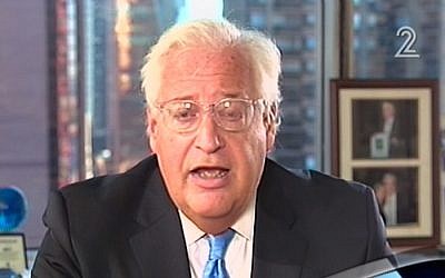David Friedman, Donald Trump's adviser on Israel, talks to Channel 2 News on September 12, 2016. (screen capture: Channel 2)