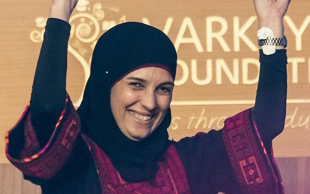 Palestinian teacher Hanan Al Hroub at a ceremony where she received the Varkey Foundation Global Teacher Prize in Dubai, March 13, 2016. (Varkey Foundation via JTA) Palestinian teacher Hanan Al Hroub at a ceremony where she received the Varkey Foundation Global Teacher Prize in Dubai, March 13, 2016. (Varkey Foundation via JTA)