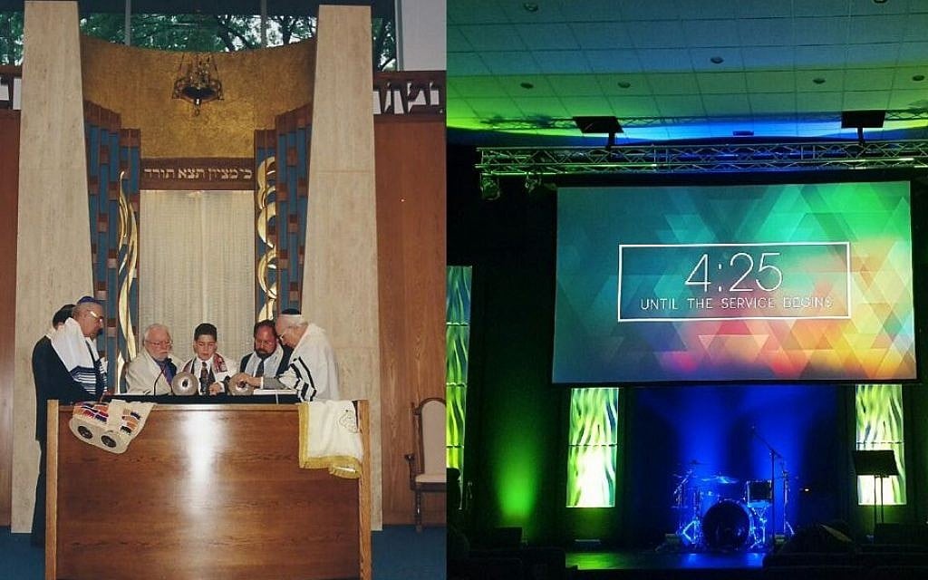 Commack Jewish Center in 1998 (left) at the bar mitzvah of Michael Weber (Courtesy: Mandi Kirschman) and (right) the same sanctuary space in July of 2016, as the new Church Unleashed (Matt Lebovic/The Times of Israel) Commack Jewish Center in 1998 (left) at the bar mitzvah of Michael Weber (Courtesy: Mandi Kirschman) and (right) the same sanctuary space in July of 2016, as the new Church Unleashed (Matt Lebovic/The Times of Israel)