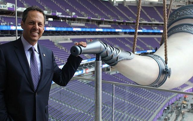 Mark Wilf, a co-owner of the Minnesota Vikings, at the team's gigantic Nordic horn in its new $1.1 billion stadium. (Hillel Kuttler/via JTA)