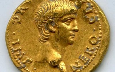 A Roman coin showing the Emperor Nero, which was found in Jerusalem and is believed to date back to 56 CE. (Courtesy University of North Carolina)