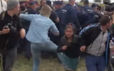 Camerawoman Petra Laszlo filmed kicking a migrant near the Hungarian-Serbian border in September, 2015. (Youtube screenshot)