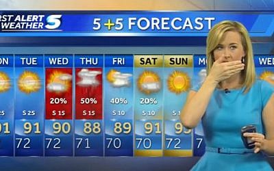 Oklahoma meteorologist Danielle Dozier reacts as a 5.6 earthquake hits the state during her weather report on local TV on September 3, 2016. (screen capture: YouTube)