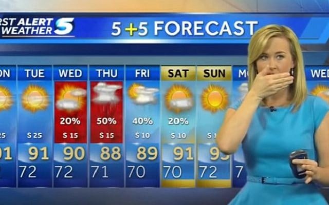 Oklahoma meteorologist Danielle Dozier reacts as a 5.6 earthquake hits the state during her weather report on local TV on September 3, 2016. (screen capture: YouTube) Oklahoma meteorologist Danielle Dozier reacts as a 5.6 earthquake hits the state during her weather report on local TV on September 3, 2016. (screen capture: YouTube)