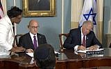 The signing of the US-Israel military aid deal in the State Department on September 14, 2016 (screen capture: State Department livestream)