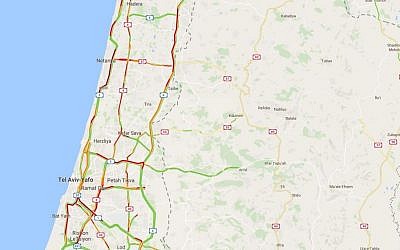 A snapshot of heavy traffic north of Tel Aviv at 7:20 a.m. on September 4, 2016. (screen capture: Google Maps)