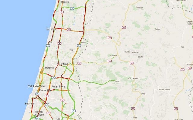 A snapshot of heavy traffic north of Tel Aviv at 7:20 a.m. on September 4, 2016. (screen capture: Google Maps) A snapshot of heavy traffic north of Tel Aviv at 7:20 a.m. on September 4, 2016. (screen capture: Google Maps)