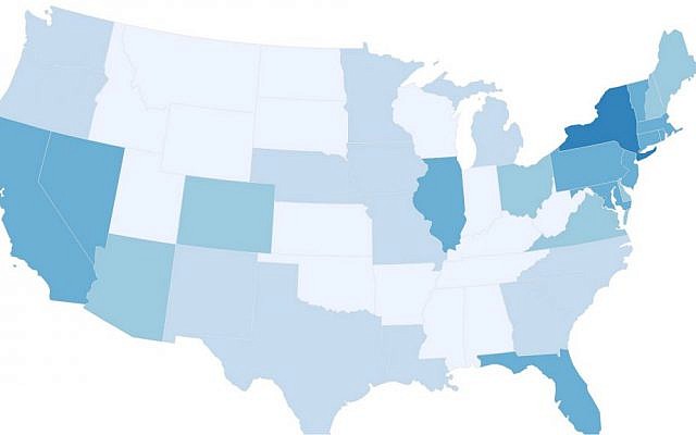 Screen shot of an interactive map by the American Jewish Population Project breaks down the Jewish population by state and even county. (American Jewish Population Project)