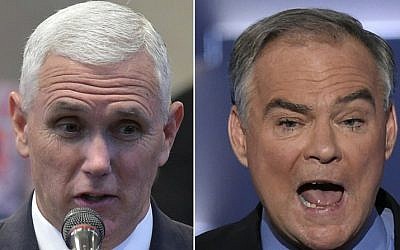 This combination of pictures created on October 3, 2016 shows Republican Vice Presidential nominee and running mate Mike Pence(L) speaking during the Midwest Vision and Values Pastors and Leadership Conference at the New Spirit Revival Center in Cleveland Heights, Ohio on September 21, 2016,and US Democratic Nominee for Vice President Tim Kaine speaking during the Democratic National Convention at the Wells Fargo Center in Philadelphia, Pennsylvania, July 27, 2016.(AFP PHOTO / MANDEL NGAN AND SAUL LOEB)