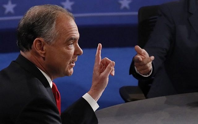 “That’s what the Israeli joint chiefs of staff is saying right now. Gadi Eisenkot, you can go check it.” Democratic vice presidential candidate Tim Kaine debates Republican candidate for Vice President Mike Pence during vice presidential debate at Longwood University in Farmville, Virginia on October 4, 2016 (AFP photo pool / Andrew Gombert) “That’s what the Israeli joint chiefs of staff is saying right now. Gadi Eisenkot, you can go check it.” Democratic vice presidential candidate Tim Kaine debates Republican candidate for Vice President Mike Pence during vice presidential debate at Longwood University in Farmville, Virginia on October 4, 2016 (AFP photo pool / Andrew Gombert)
