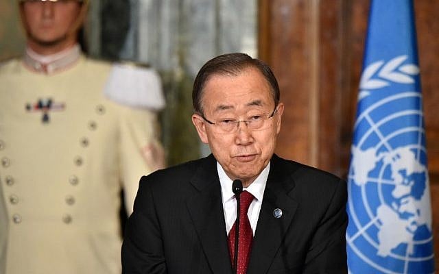 UN Secretary General Ban Ki-moon speaks during a press conference in Rome, October 6, 2016. (AFP/Alberto Pizzoli) UN Secretary General Ban Ki-moon speaks during a press conference in Rome, October 6, 2016. (AFP/Alberto Pizzoli)