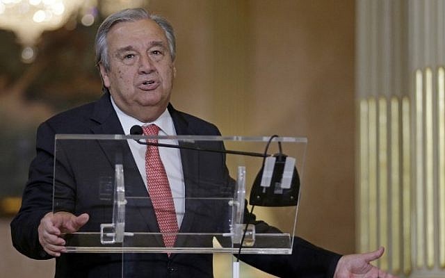 United Nations general secretary nominee Antonio Guterres speaks to the press in Lisbon, October 6, 2016. (AFP/JOSE MANUEL RIBEIRO) United Nations general secretary nominee Antonio Guterres speaks to the press in Lisbon, October 6, 2016. (AFP/JOSE MANUEL RIBEIRO)