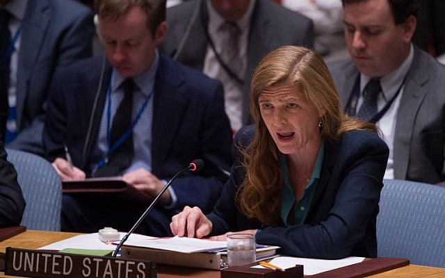 United States Ambassador to the UN Samantha Power during a United Nations Security Council emergency meeting on the situation in Syria, at the UN in New York, September 25, 2016. (AFP/Bryan R. Smith)