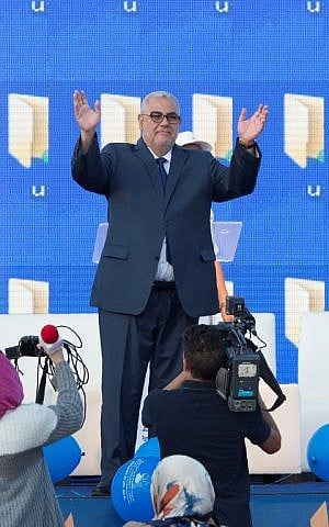 Moroccan Prime Minister and Secretary General of the ruling Islamist Justice and Development Party (PJD), Abdelilah Benkirane gestures during a party meeting in Sale on October 6 , 2016 ahead of the next day's parliamentary election. (AFP PHOTO / FADEL SENNA)