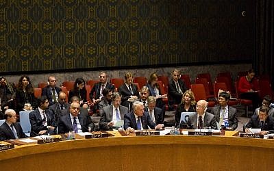 French Foreign Minister Jean-Marc Ayrault (C) speaks at the United Nations Security Council before a vote on a French-Spanish resolution on Syria at the UN headquarters, October 8, 2016, in New York City.  (Dominik/AFP)