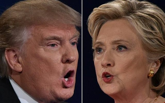 Republican presidential nominee Donald Trump, left, and Democratic presidential nominee Hillary Clinton facing off during the first presidential debate at Hofstra University in Hempstead, New York, September 26, 2016. (AFP/Paul J. Richards) Republican presidential nominee Donald Trump, left, and Democratic presidential nominee Hillary Clinton facing off during the first presidential debate at Hofstra University in Hempstead, New York, September 26, 2016. (AFP/Paul J. Richards)