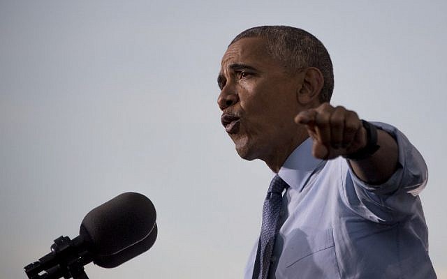 US President Barack Obama speaks during a Hillary for America campaign event in Greensboro, North Carolina, October 11, 2016. (AFP/Jim Watson) US President Barack Obama speaks during a Hillary for America campaign event in Greensboro, North Carolina, October 11, 2016. (AFP/Jim Watson)
