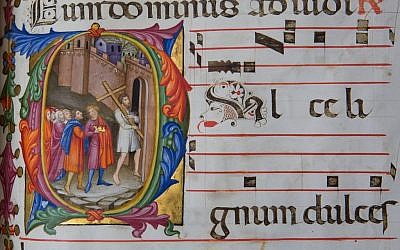 The Emperor Heraclius Bringing the Cross to Jerusalem, from three volumes of an antiphonary made for the Franciscan community of Bethlehem. (Marie-Armelle Beaulieu/Custodia Terræ Sanctæ)