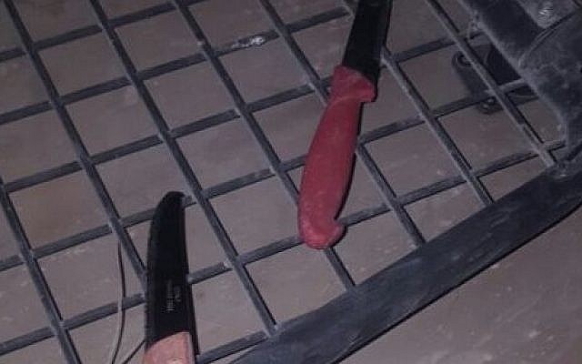 A photo of the knives found on the persons of two Palestinian children, 8, near the West Bank settlement of Migdal Oz on October 26, 2016 (IDF spokesperson's office) A photo of the knives found on the persons of two Palestinian children, 8, near the West Bank settlement of Migdal Oz on October 26, 2016 (IDF spokesperson's office)